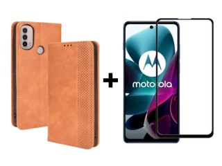 9D SKLO + PUZDRO 2v1 pre Motorola Moto E20 / E40 - Knižkové Retro hnedé