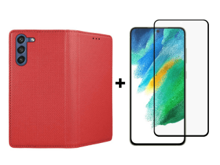 9D SKLO + PÚZDRO 2v1 pre Samsung Galaxy S21 FE 5G - Knížkove Magnet červené