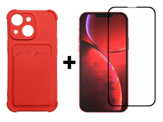 9D SKLO + PUZDRO 2v1 pre Apple iPhone 13 Mini - Silikónové CARD červené