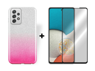 9D SKLO + PÚZDRO 2v1 pre Samsung Galaxy A53 5G - Glitter ružovo strieborné