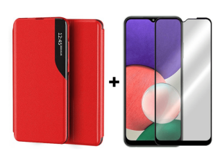 9D SKLO + PÚZDRO 2v1 pre Samsung Galaxy A22 5G - Knižkové Smart View červené